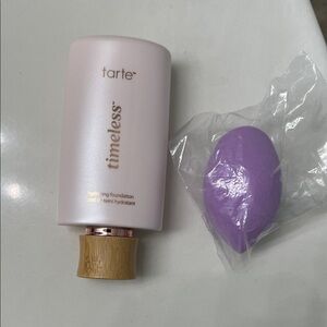 tarte timeless hydrating foundation in light neutral with purple sponge